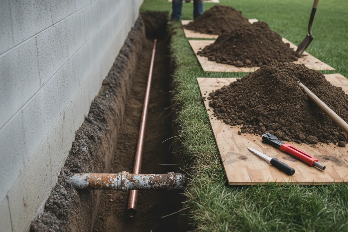 Excavated water line trench during Sewer Line Repair in Somers Point